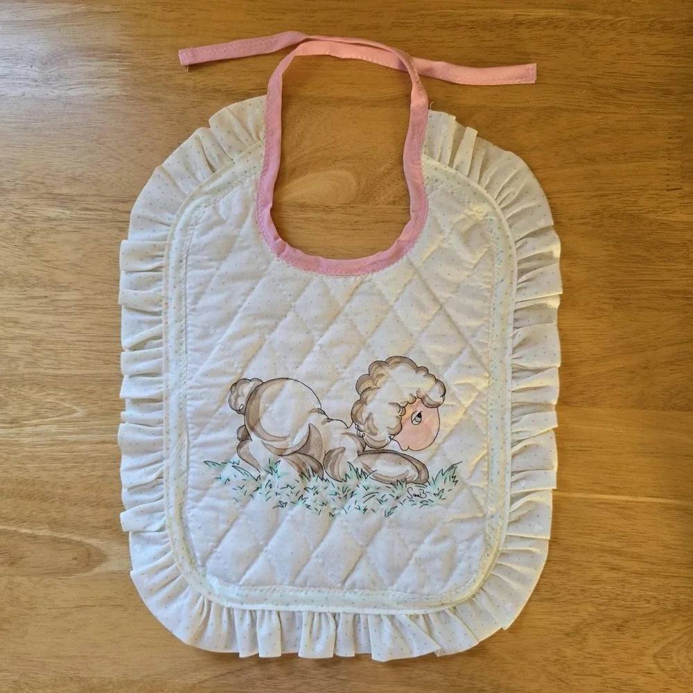 Baby Bib Lamb Quilted Cotton, Ruffled Edge, Precious Moments Fabric Vintage NWOT